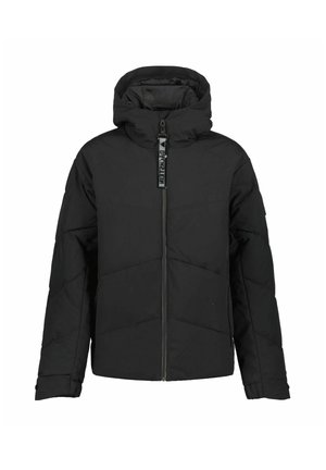 Schwarze Daunenjacke mit Kapuze, ausgestattet mit einem Reißverschluss vorne und seitlichen Taschen. Die horizontale Steppnaht erzeugt eine gesteppten Textur.