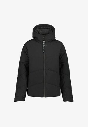 Schwarze Daunenjacke mit Kapuze, ausgestattet mit einem Reißverschluss vorne und seitlichen Taschen. Die horizontale Steppnaht erzeugt eine gesteppten Textur.