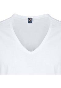 Witte V-hals t-shirt van katoen, met een klein logo label bij de hals en een gladde textuur zonder patronen of accenten.