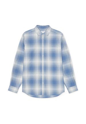 Hellblau kariertes Langarmhemd mit einem Button-Down-Kragen, vorderen Knöpfen und einer einzelnen Brusttasche. Weiche, glatte Stoffstruktur.