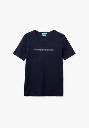 Marineblaues T-Shirt mit kurzen Ärmeln und Rundhalsausschnitt, bedruckt mit "UNITED COLORS OF BENETTON." in Weiß auf der Brust.