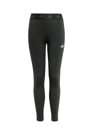Schwarze Sportleggings aus dehnbaren Material, mit einem hohen Bund und einem dezenten Logomuster sowie einem kleinen weißen Logo am Oberschenkel.