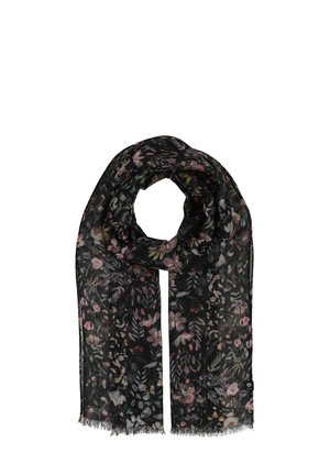 Schwarzer Blumenschal mit zarten rosa und grünen Mustern. Leichte, gewebte Stoffqualität mit Fransen. Misst etwa 178 cm in der Länge.