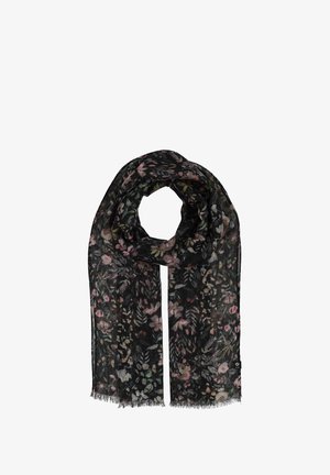 Schwarzer Blumenschal mit zarten rosa und grünen Mustern. Leichte, gewebte Stoffqualität mit Fransen. Misst etwa 178 cm in der Länge.