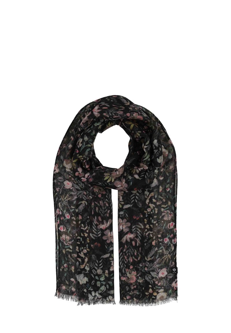 Zwarte bloemen sjaal met delicate roze en groene patronen. Lichtgewicht, geweven stof met franjeranden. Meet ongeveer 178 cm lang.