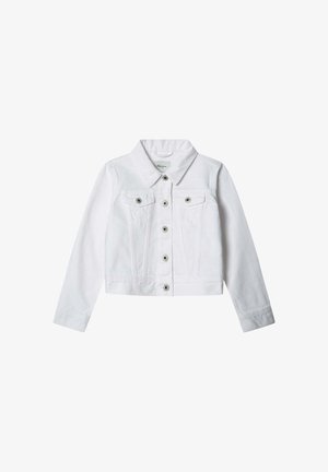 Witte denim jas met een kraag, lange mouwen, twee borstzakken en zes knoopsluitingen. Verkorte stijl met een gladde textuur.