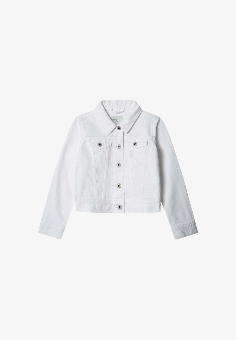 Vit denimjacka med krage, långa ärmar, två bröstfickor och sex knappslutningar. Korta design med en slät textur.