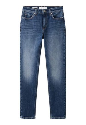 Slim-fit blue denim jeans with a faded wash, five pockets, belt loops, and a metal button closure. Smooth texture and straight leg design.