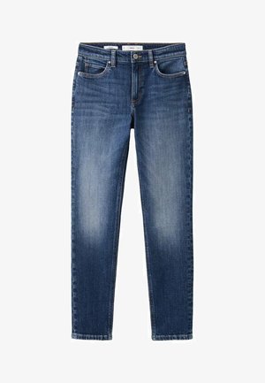 Slim-fit blue denim jeans with a faded wash, five pockets, belt loops, and a metal button closure. Smooth texture and straight leg design.