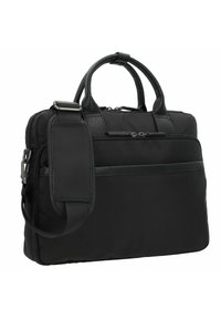 Bolsa de ordenador portátil negra con un exterior de nylon duradero, detalles de cuero texturizado, doble asa, correa ajustable y múltiples compartimentos con cremallera.