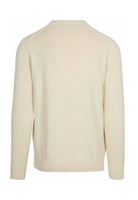 Beige gebreide trui met een ronde hals, ribgebreide mouwen en onderzoom. De stof lijkt zacht en iets gestructureerd, perfect voor het lagen. 