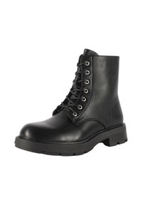 Stivale alla caviglia in pelle nera con lacci, occhielli in metallo e suola in gomma spessa, progettato per un abbigliamento casual resistente.