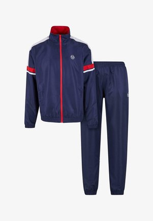 Granatowy dres wykonany z gładkiego materiału, z zamkiem błyskawicznym z przodu i czerwono-białymi paskami, oraz pasującymi spodniami z elastycznym paskiem.