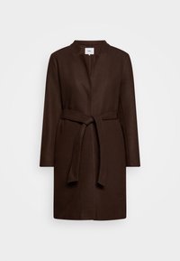 Manteau en mélange de laine brun à coupe droite, col ouvert, ceinture nouée à l'avant et manches longues. Texture lisse, design minimaliste.