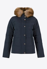 Granatowa kurtka puchowa z odpinanym brązowym futerkiem na kapturze, z zatrzaskami, bocznymi kieszeniami oraz pikowanym wykończeniem.