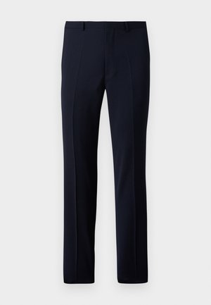 Marineblaue maßgeschneiderte Hose mit geradem Schnitt, ausgestattet mit zwei vorderen Falten und einer glatten Textur. Hergestellt aus leichtem Stoff.
