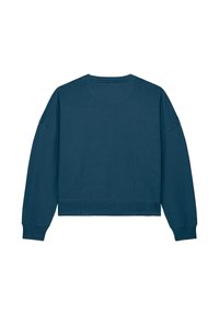 Sweatshirt court teal à manches longues, avec des poignets côtelés et un col rond. Fabriqué en coton doux, il présente une texture lisse et un design minimaliste.