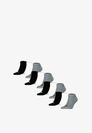 Sæt med 10 ankelstrømper i sort, hvid og grå. Har en glat tekstur med minimal design og et lille logo på nogle par.