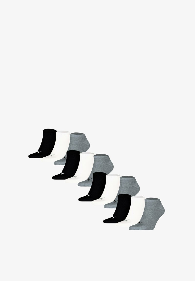Sæt med 10 ankelstrømper i sort, hvid og grå. Har en glat tekstur med minimal design og et lille logo på nogle par.