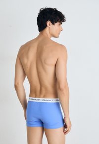 Blaue Boxer-Shorts mit einem weißen Bund, auf dem der Markenname zu sehen ist, glatte Textur und enger Schnitt, von hinten gezeigt.