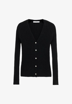 Black ribbed cardigan featuring a deep V-neckline, long sleeves, and six white buttons down the front, made from a soft textile material.