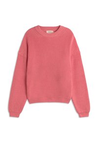 Pull en tricot côtelé rose avec un col rond et des manches longues. Présente une coupe décontractée et un tissu texturé sur l'ensemble.