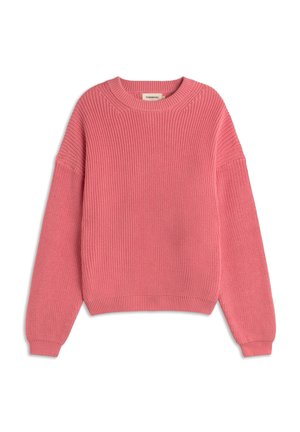 Roze ribgebreide trui met een ronde halslijn en lange mouwen. Heeft een losse pasvorm en een textielstructuur over het geheel.