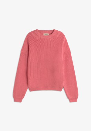 Pull en tricot côtelé rose avec un col rond et des manches longues. Présente une coupe décontractée et un tissu texturé sur l'ensemble.