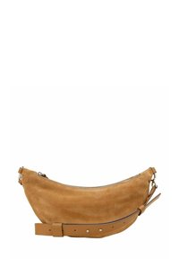 Borsa a mezzaluna in suede marrone con tracolla in pelle regolabile e chiusura con zip in argento.