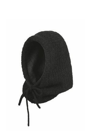 Black knitted hood with textured pattern and adjustable tie strings at the front for securing under the chin.
