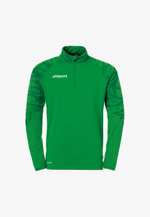 Pullover sportivo verde con colletto alto, zip e maniche lunghe. Presenta dettagli testurizzati verdi sulle spalle e un logo sul petto.