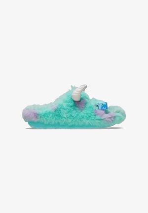 Uldne mintgrønne slippers med lilla accenter, der har hvide falske horn og en tekstureret sål. Blød, plyssagtig tekstur hele vejen igennem.