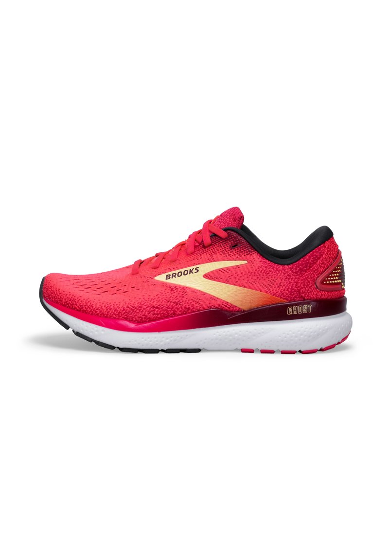 Zapatilla de running Brooks en un brillante color rosa con acentos en degradado, parte superior de malla transpirable, collar negro, media suela blanca acolchada y suela texturizada.