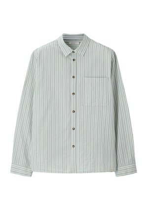 Lichtgrijs-wit gestreept overhemd met lange mouwen, knopen aan de voorkant, een borstzak aan de linkerkant en een klein logolabel aan de zoom.