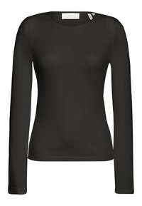 Schwarzes Langarmoberteil aus geripptem Stoff mit rundem Halsausschnitt und figurbetonter Silhouette. Mit einfacher Naht an den Bündchen und am Saum.