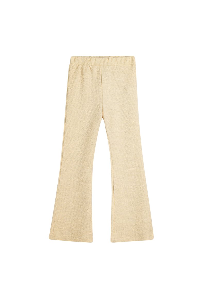 Lyse beige flagrende bukser lavet af struktureret materiale med en elastisk talje. Designet har en glat overflade og en afslappet pasform.