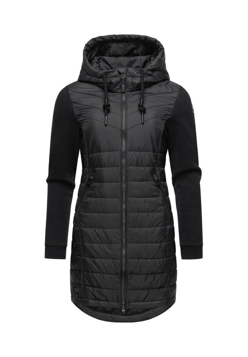 Giacca nera con zip frontale, pannelli trapuntati, maniche elastiche e cappuccio. Presenta tasche con zip e un orlo leggermente curvo.