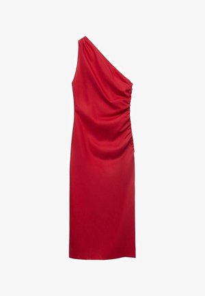 Red one-shoulder dress with draped fabric and gathered side detailing. Smooth texture and knee-length silhouette. Suitable for formal occasions.