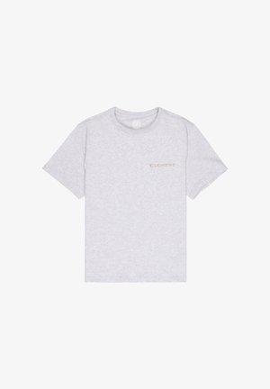 Lichtgrijs T-shirt met korte mouwen en ronde hals, met een klein "ELEMENT" tekstlogo in lichtgeel op de linkerborst.
