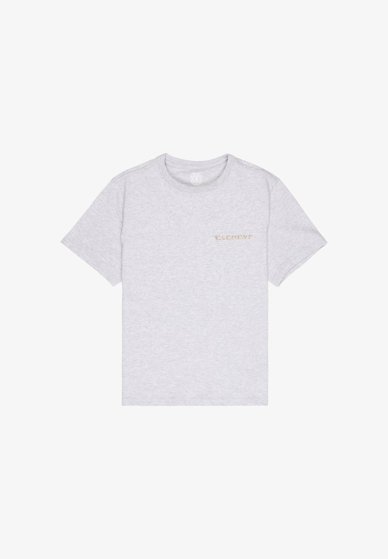 Jasnoszary t-shirt z krótkim rękawem i okrągłym dekoltem, z małym logo "ELEMENT" w jasnożółtym kolorze na lewej piersi.
