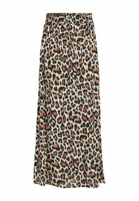 Maxi sukně s potiskem leopardí kůže vyrobená z lehkého materiálu. Disponuje elastickým pasem, spl�ývavým střihem a výraznými oranžovými a černými skvrnami.