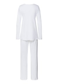 Weißes Pyjama-Set bestehend aus einem Langarmoberteil und passenden Hosen, gefertigt aus weichem Material mit lockerer Passform und abgerundetem Saum am Oberteil.