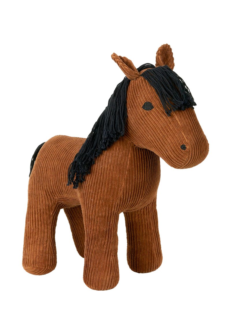 Gestopftes Pferdespielzeug mit Cord-Textur, braunem Körper, Mähne und Schweif aus schwarzem Garn sowie gestickten Gesichtszügen. Runde, pralle Form.