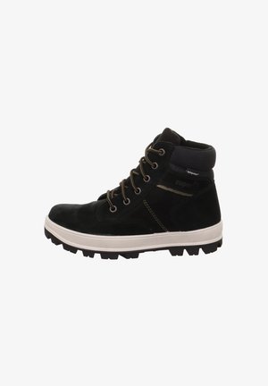 Zwarte hoge laarzen van suede met een textuur bovendek, ronde veters, verstevigde neus en een robuuste zool voor grip.