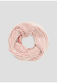 Ronde gebreide sjaal met afwisselend roze en crème strepen, gemaakt van zachte garen, met een textuur en cozy ontwerp.