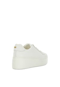 White platform sneakers with smooth leather upper, rounded toe, and gold accent at the heel. Thick white rubber sole, minimal stitching details.