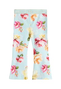 Schlaghosen aus hellblauem Stoff mit einem Blumenmuster in Rosa-, Gelb- und Grüntönen; elastischer Bund mit Markenlogo.