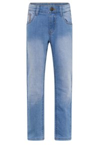 Lys blå denimjeans med en litt falmet finish, fem-lomme design, og kontraststing detaljer på midjebåndet og lommene.