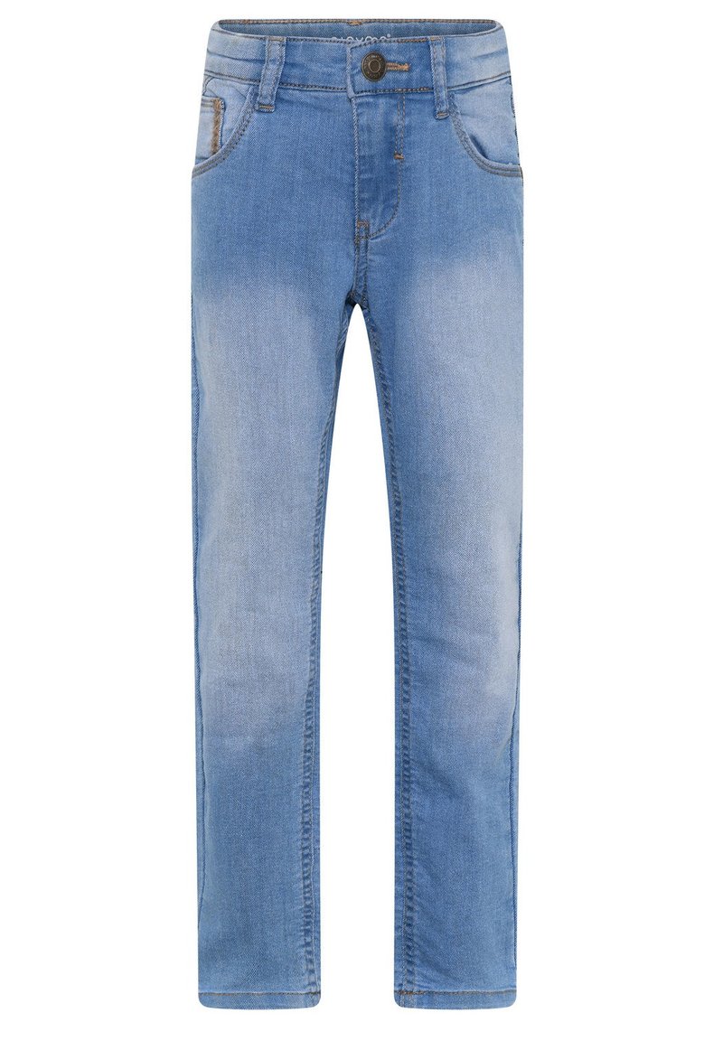 Lys blå denimjeans med en litt falmet finish, fem-lomme design, og kontraststing detaljer på midjebåndet og lommene.