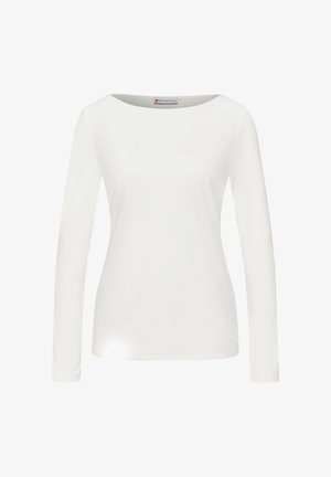 Biała bluzka z długim rękawem, wykonana z miękkiego materiału, z szerokim dekoltem w łódkę i dopasowanym krojem z minimalną liczbą szwów.